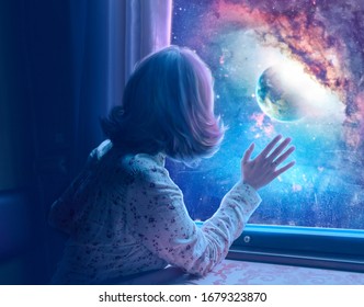 Fantasy Magic Night Photo Manipulation. 
Beautiful girl looks out the train window at space. Galaxy illustration 2020