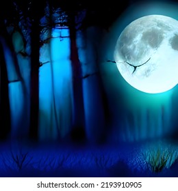 Fantasy Magical Enchanted Fairy Tale Landscape With Forest Lake, Fabulous Fairytale Garden. Mysterious Blue Background And Glowing Moon Ray In Night