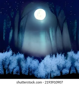 Fantasy Magical Enchanted Fairy Tale Landscape With Forest Lake, Fabulous Fairytale Garden. Mysterious Blue Background And Glowing Moon Ray In Night