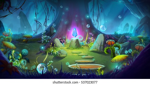 Fantasy and Magical Forest. Video Game's Digital CG Artwork, Concept Illustration, Realistic Cartoon Style Background
