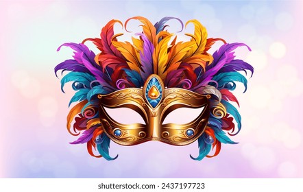 Fantasy mask lies on pastel background.