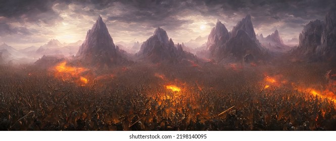 Fantasy medieval battle of the warriors of good and evil. Battlefield is on fire, deadly battle of ice and flame. 3d illustration