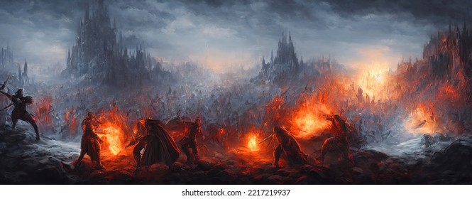 Fantasy medieval battle of the warriors of good and evil. Battlefield is on fire, deadly battle of ice and flame. 3d illustration