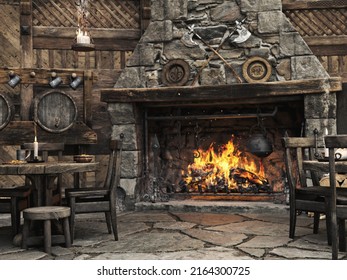 Fantasy Medieval Tavern Background With Grand Fireplace. 3d Rendering