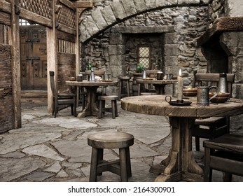 Fantasy Medieval Tavern Inn Background. 3d Rendering