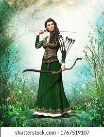 Fantasy Medieval Woman Archer Protecting A Mystery Forest With Bow And Arrow, 3d Render. 