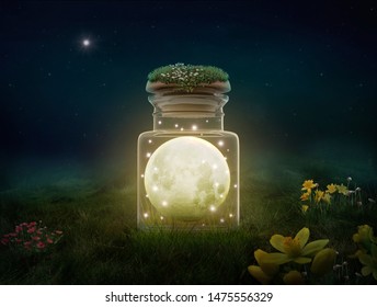 Fantasy moon inside a bottle at night. Photomanipulation. 3D