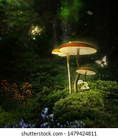Fantasy mushrooms in the forest at night. 3D rendering. Photomanipulation. Digital art.