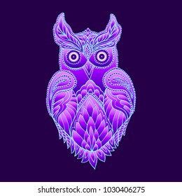 Fantasy mystical purple owl, neon color, psychedelic vintage style. Isolated pattern. Cartoon character ornament bird decorative element. Raster bohemian  background. 