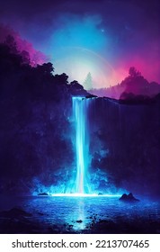 Fantasy of neon waterfall in deep forest. Glowing colorful look like fairytale. 2D Illustration.