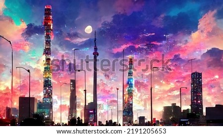 fantasy night city japanese landscape. Abstract illustration art