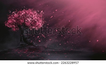 Fantasy night landscape, big blossoming sakura tree with magic bright pink neon petals. 3D Foto d'archivio © 