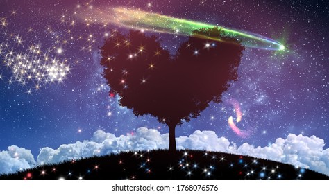 Fantasy Night Lanscape With Tree And Starry Sky With Comets