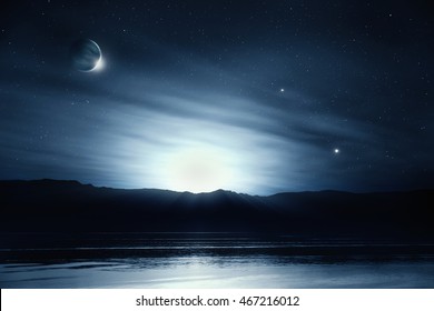 幻想的な夜空の湖に映る夢のような風景 3dイラスト のイラスト素材 Shutterstock