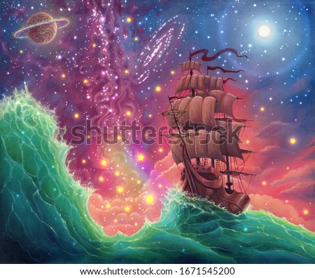 Fantasy oil painting sea landscape art with ship, sunset, space stars, planets, moon, hand drawn seascape illustration with oceanic waves and vessel by oil on canvas, dream with beautiful colors