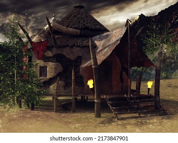 Fantasy orc hut in the mountains, with trees around and torches outside. 3D illustration.