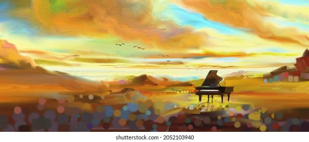 Fantasy The Piano Concert Classic And Emotion Surreal In Desert Nature Sky Cloud. Painting Meadow Landscape Abstract Contemporary Art For Background. Modern Art Watercolor Paintings. Oil Painted