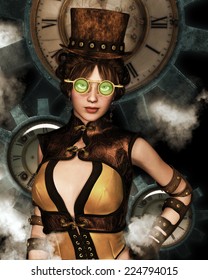 A Fantasy Portrait Of A Woman With Sci Fi Clothing And Steampunk Background.  She Is Wearing Night Vision Goggles.