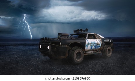 Fantasy Post Apocalyptic Concept Police Car In A Barren Desert Landscape With Storm Clouds And Lightning In The Sky. 3D Illustration.