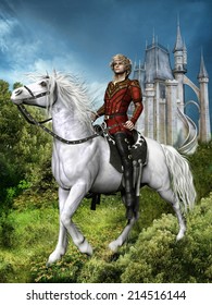 Fantasy Prince On A White Horse Near A Fairytale Castle