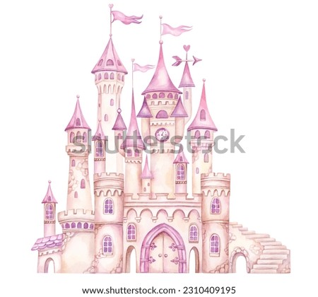 Fantasy princess castle. Pink Fairy tale watercolor hand painted illustration isolated on white background. Ideas for baby shower invitation, kids greeting cards, girls nursery decoration