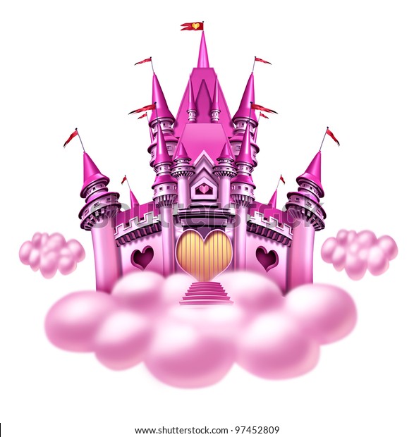 女の子のおもちゃの夢のようにふわふわした雲の上に浮かぶ楽しいピンクの魔法の王国を持つ幻想の姫雲の城 または心の形と魔法の優雅さを持つ貴族のおとぎ話を夢見ています のイラスト素材