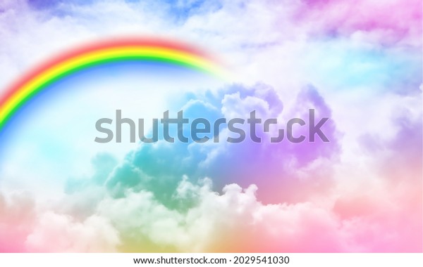 Fantasy rainbow clouds, rainbow on sky landscape abstract background. Fluffy cloudy blur wallpaper. Soft clean, minimal scenery background for children's bedroom, baby nursery decor. illustration