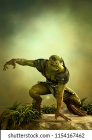 
Fantasy reptilian warrior ready to attack. 3D Illustration. 