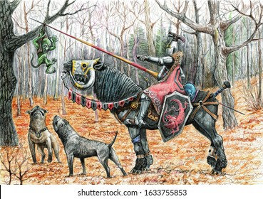 Fantasy rider with dogs and a small goblin. Fantasy fairy tale illustration. Armored knight on the black horse.