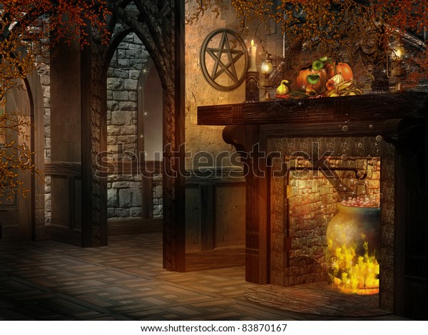 Fantasy Room Cornucopia Decorations Fireplace Candles Stock