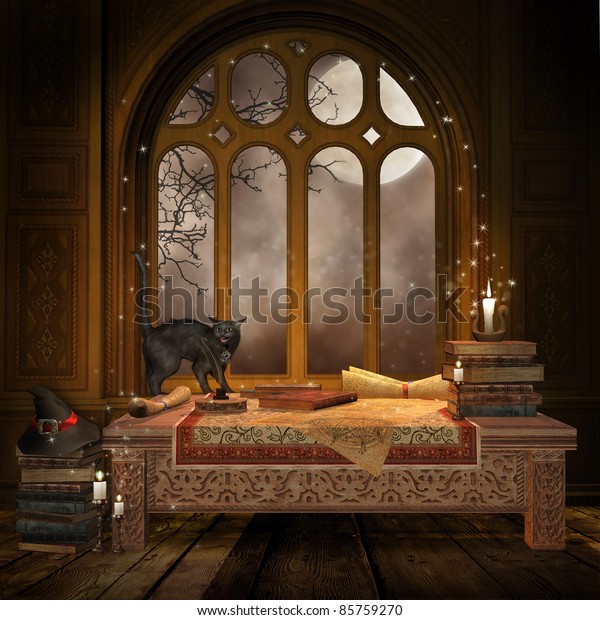 Illustration De Stock De Chambre Fantastique Avec Bureau Livres Parchemins