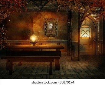 Fantasy Room With A Table And Magic Crystal