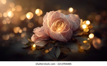 Fantasy Rose, Light Blurred Bokeh. Romantic Evening Atmosphere, Rose Garden, Rose Bouquet, Flowers. 3D Render. Raster Illustration.