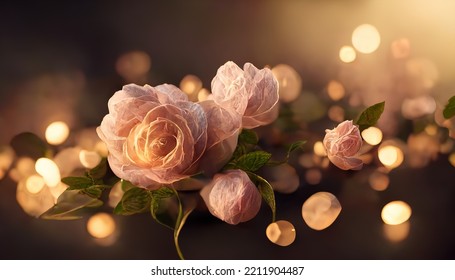 Fantasy Rose, Light Blurred Bokeh. Romantic Evening Atmosphere, Rose Garden, Rose Bouquet, Flowers. 3D Render. Raster Illustration.