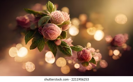 Fantasy Rose, Light Blurred Bokeh. Romantic Evening Atmosphere, Rose Garden, Rose Bouquet, Flowers. 3D Render. Raster Illustration.