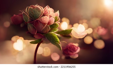 Fantasy Rose, Light Blurred Bokeh. Romantic Evening Atmosphere, Rose Garden, Rose Bouquet, Flowers. 3D Render. Raster Illustration.