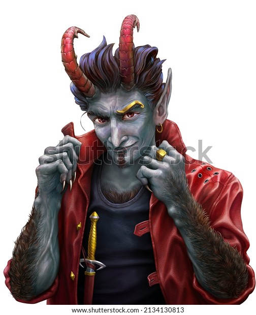 Fantasy satyr in a red leather jacket turns up
his collar. Halloween character. Wily hobgoblin with a steep horns
and grey skin. Original concept art of creepy dodger. Detailed
digital painting