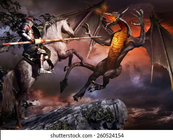 Fantasy scene with  armored knight on the white horse and dragon