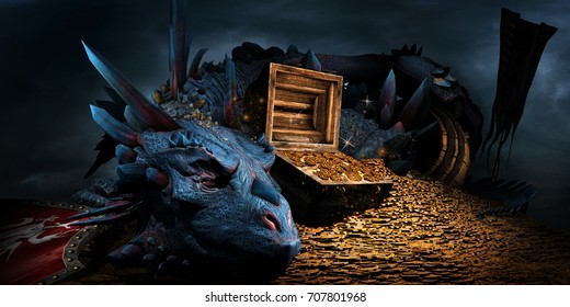 Fantasy scene with blue dragon, treasure chest and pile of golden coins. 3D illustration.