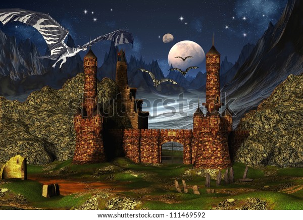 Fantasy Scene Castle Dragons Stock Illustration