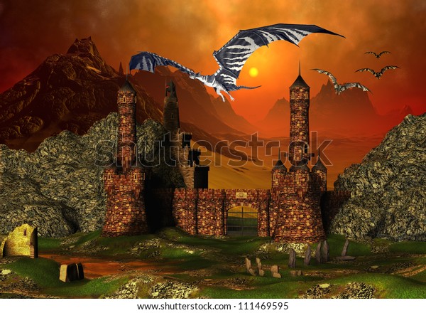 Fantasy Scene Castle Dragons Stock Illustration