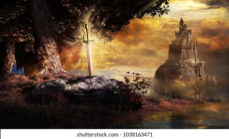 Fantasy scene with castle, trees and sword. 3D illustration.