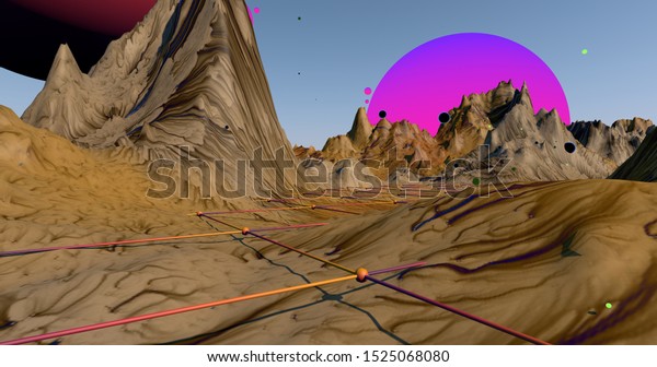 A fantasy scene of a colorful alien\
landscape. 3D\
Illustration.