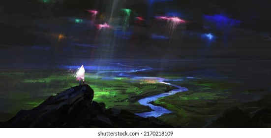 Fantasy Scene With Colorful Rays Of Light From The Sky, 3D Illustration.