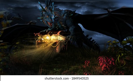 Fantasy scene with dragon holding a treasure chest. 3D illustration.