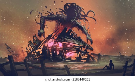 fantasy scene of the man looking in shock at the awakening of the black giant., digital art style, illustration painting