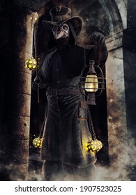 Fantasy Scene With The Medieval Plague Doctor Holding A Lantern In His Hand. 3D Illustration.