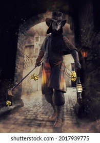 Fantasy Scene With A Medieval Plague Doctor With Lanterns Standing In A City Gate. 3D Illustration.