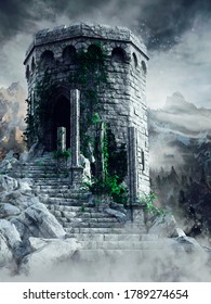 Fantasy Scene With A Ruined Tower With Stairs In The Mountains, Surrounded By Fog. 3D Illustration.