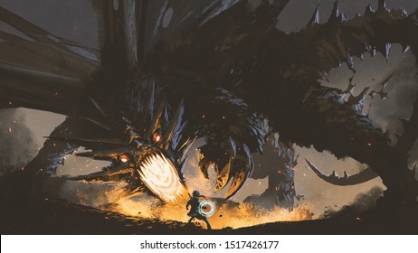 fantasy scene showing the girl fighting the fire dragon, digital art style, illustration painting